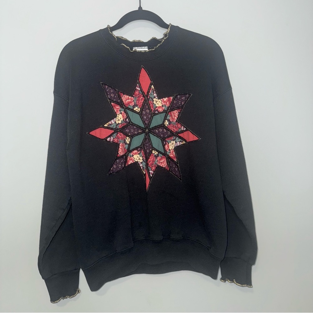 Vintage Black Floral Patchwork Quilt Star Ruffle‎ Neck Sweatshirt Women's